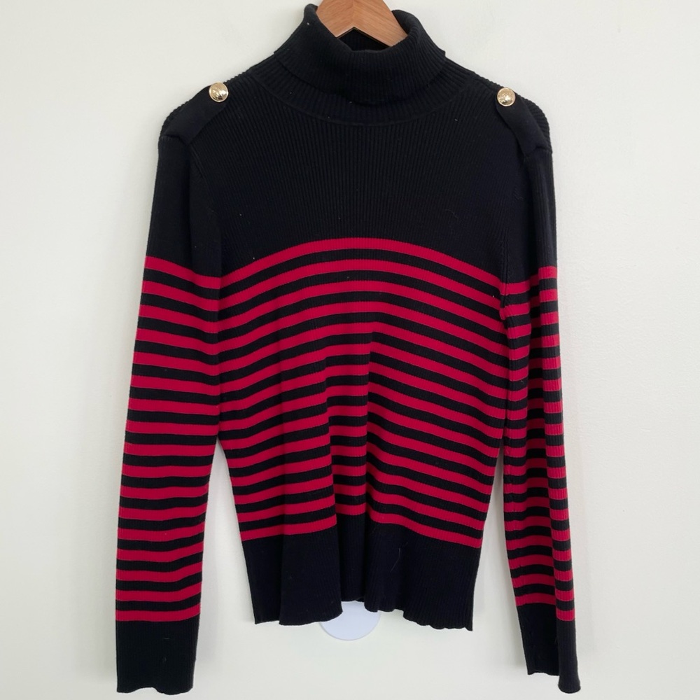 Lauren Ralph Lauren Striped Button Detail Turtleneck Sweater XL Black Red Cotton